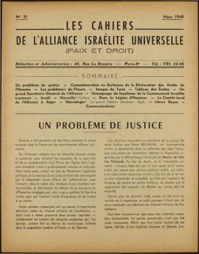 Les Cahiers de l'Alliance Israélite Universelle (Paix et Droit).  N°31 (01 mars 1949)
